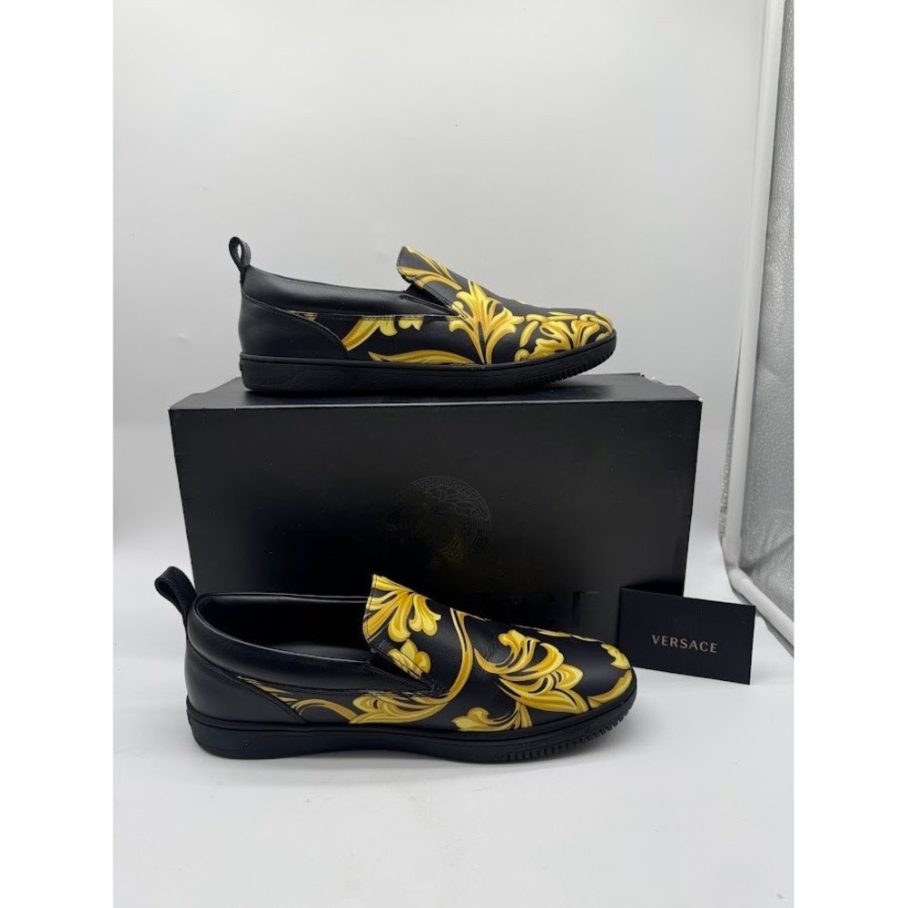 Versace Barocco Gold Leather Slip-On Sneakers Men IT 41 US 8 Made in Italy